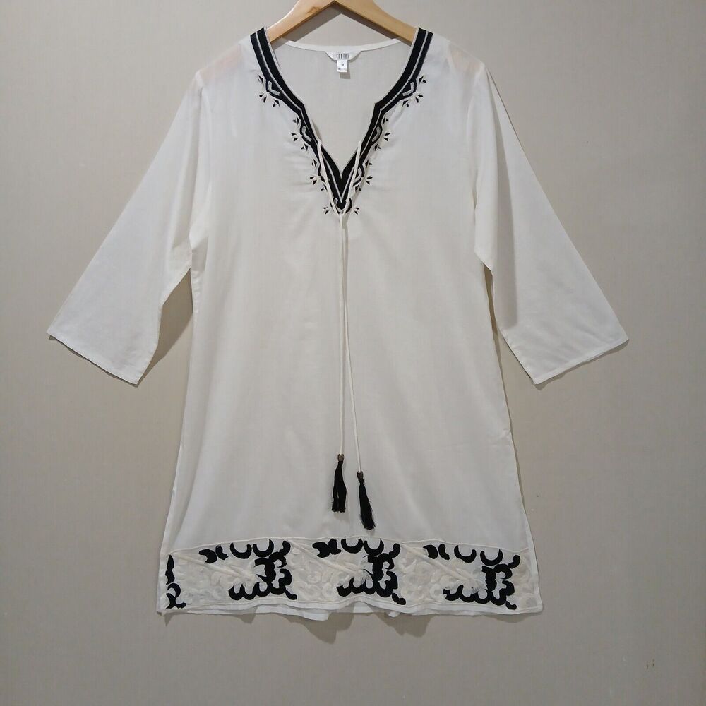 Kaktus Beach Coverup Medium White Cotton Embroidered Sun Dress Pool Tunic